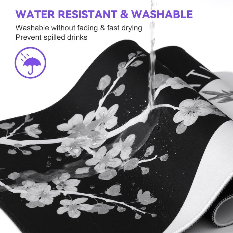 DIGSOM Mouse Pad Gaming Keyboard Pad 31.5 x 11.8 in Gaming Mouse Pad with Anti-Slip Rubber Base and Stitched Edges, Japanese Life Death Keyboard Mat(Black with White Cherry Blossom) - Image 5